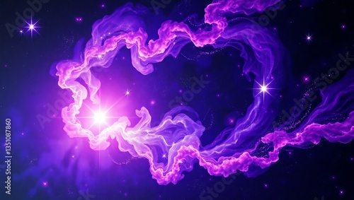 A cosmic heart of vibrant purple nebulae embracing a radiant star, swirling in a dark night sky with glittering stardust.