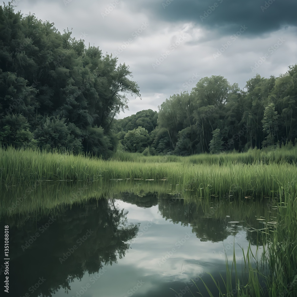 Obraz premium Serene River Reflection in Lush Green Forest