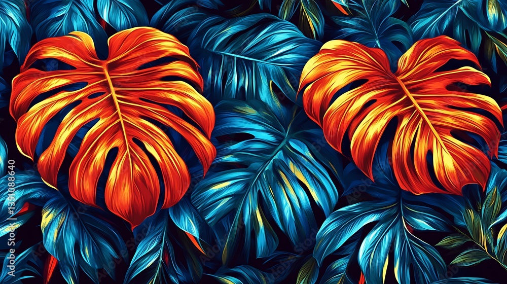 custom made wallpaper toronto digitalTropical leaves with vibrant colors, and pattern.