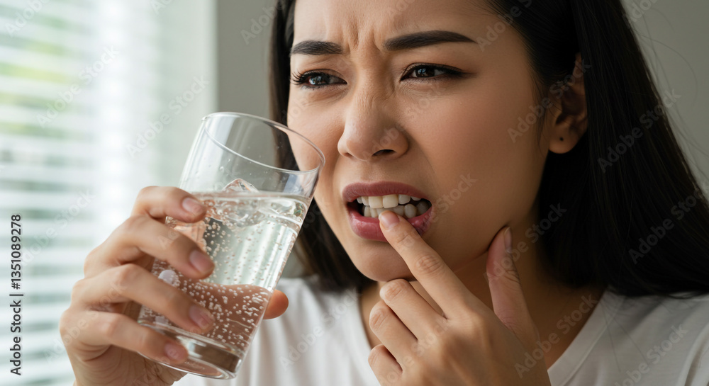 A young woman experiencing intense toothache, clutching her jaw and seeking relief with a glass of water, her face etched with pain and discomfort in soft, natural light. A young woman experiencing intense toothache, clutching her jaw and seeking relief with a glass of water, her face etched with pain and discomfort in soft, natural light.
