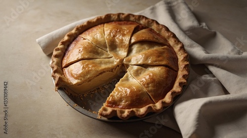 Freshly Baked Apple Pie with Golden Crust and Slices on Rustic Cloth