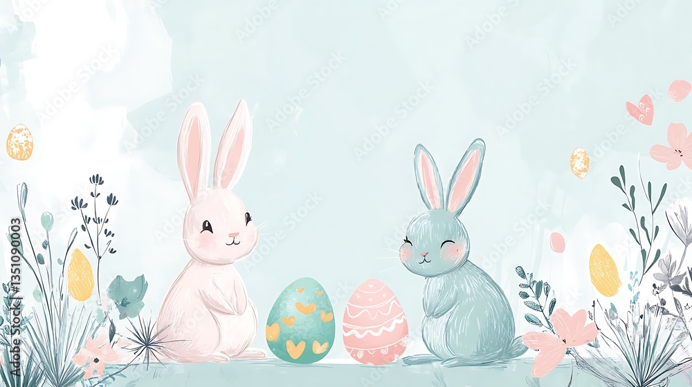 Obraz premium Easter bunnies with eggs, and spring flowers. (12)