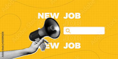 Trendy Halftone Collage Online Hiring. Hand with megaphone and search bar. Job search on internet. Career opportunity. Remote work. Offer about new vacancy. Contemporary vector illustration art