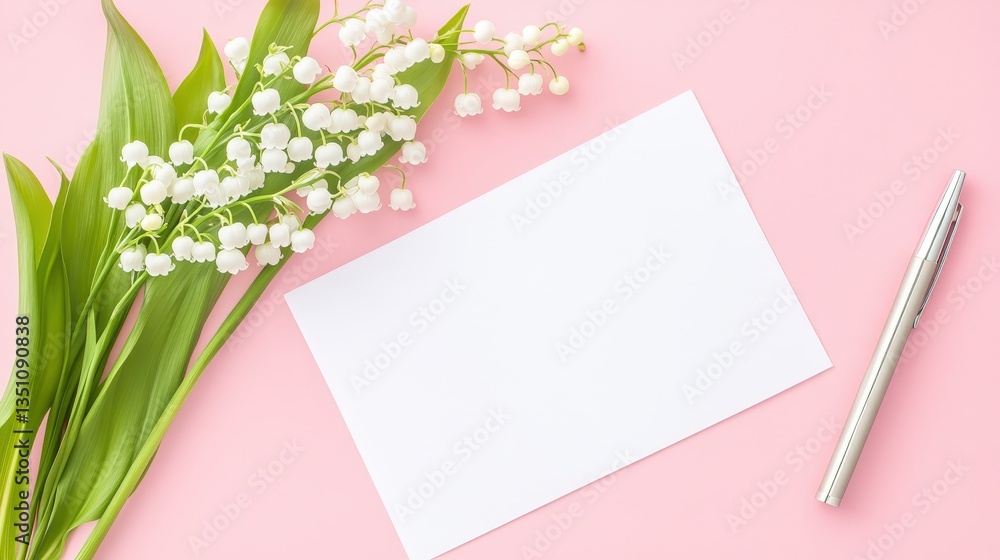 A delicate arrangement of lily of the valley flowers beside a blank card and a silver pen on a soft pink background. A delicate arrangement of lily of the valley flowers beside a blank card and a silver pen on a soft pink background.