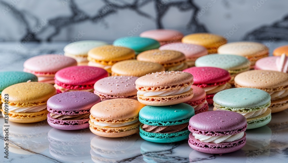 Fototapeta premium A meticulously arranged display of vibrant macarons, each one a burst of color against the elegant marble backdrop. The light delicately highlights the intricate details of these delectable treats