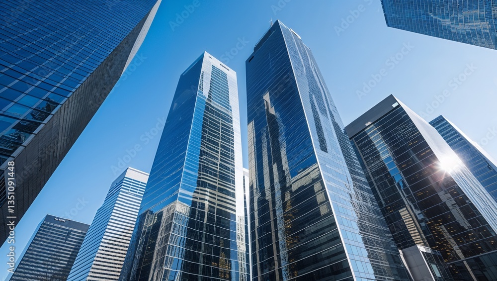 Captured from a dynamic angle, the towering skyscrapers stand tall against the clear blue sky, their sleek and modern architecture gleaming in the daylight. Captured from a dynamic angle, the towering skyscrapers stand tall against the clear blue sky, their sleek and modern architecture gleaming in the daylight.