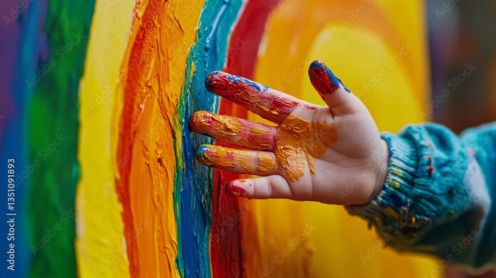 Obraz premium Child's hand painting rainbow mural outdoors
