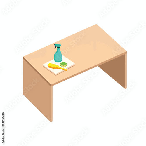 Minimalist office desk with cleaning supplies, simplicity in tidiness