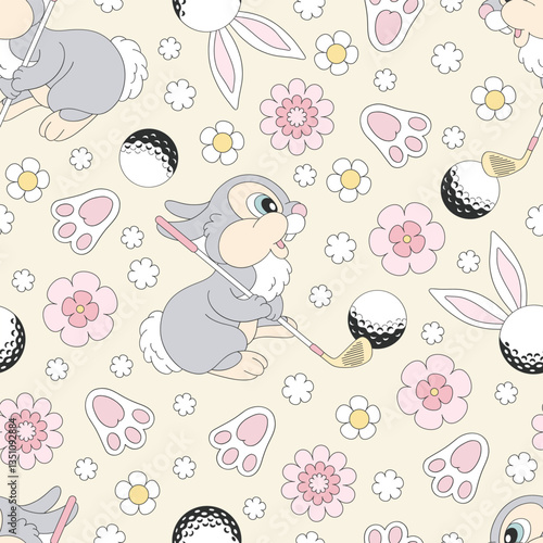 Cute bunny play golf vector seamless pattern. Sporty Easter Spring background.