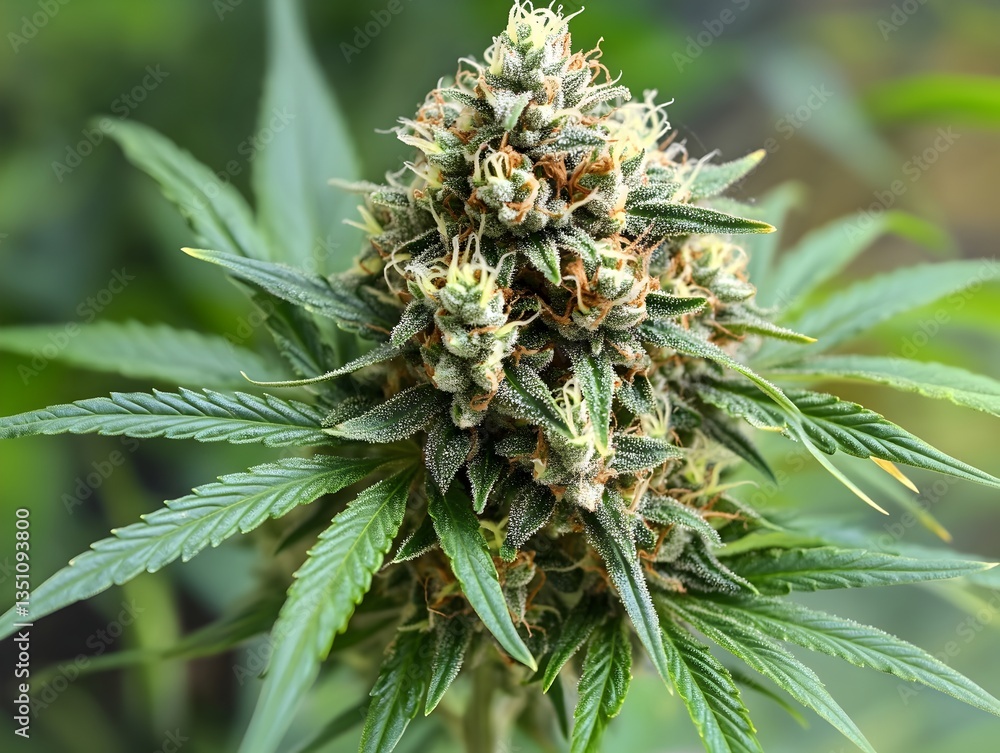 A close-up shot reveals a vibrant green cannabis sativa plant bud with resinous trichomes glistening under soft natural light. A close-up shot reveals a vibrant green cannabis sativa plant bud with resinous trichomes glistening under soft natural light.