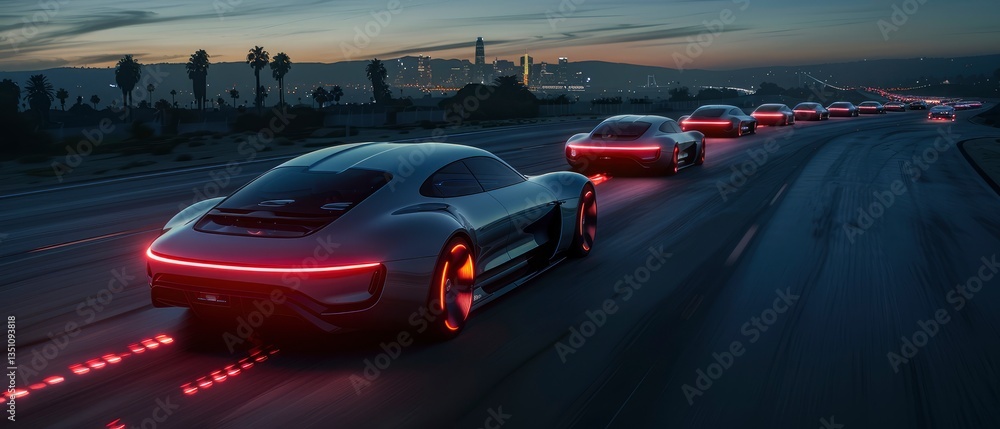 Fototapeta premium Futuristic cars cruising on a highway at dusk, illuminated by city lights in the background
