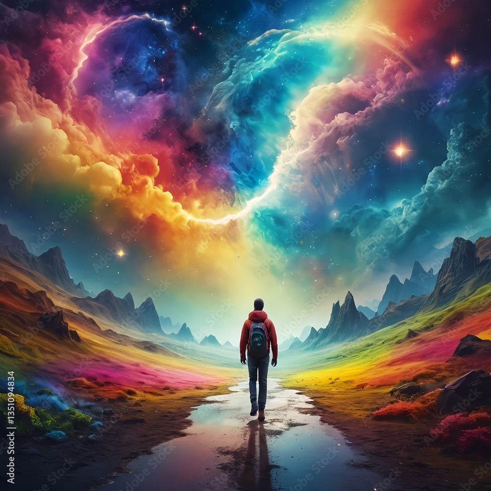Fototapeta premium Man Walking Towards a Vibrant, Celestial Landscape