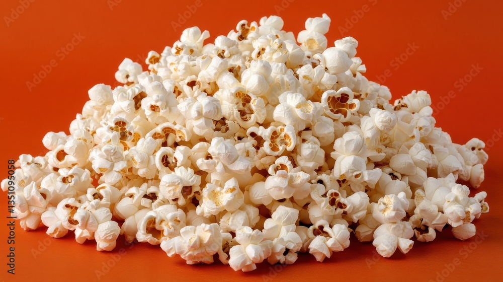 A large pile of fluffy white popcorn on a saturated orange background. Use it for movie night ads, snack promotions, or food blog posts. A large pile of fluffy white popcorn on a saturated orange background. Use it for movie night ads, snack promotions, or food blog posts.