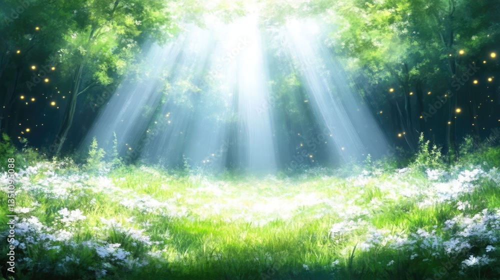 Obraz premium Enchanted forest meadow, sunlight rays, glowing flowers. Lush greenery, tranquil ambiance, magical feel