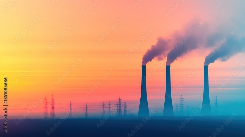 Obraz premium Industrial Landscape Featuring Smokestacks Against a Colorful Sunset