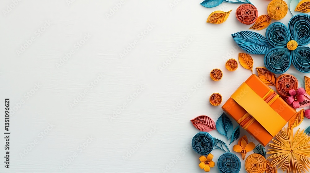 Fototapeta premium Handmade quilling paper crafts featuring blue and orange flowers with delicate leaves create a beautiful decoration and unique gift.
