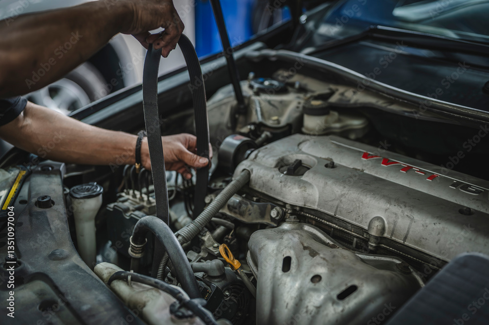 Serpentine belt replacement service in garage shop. Serpentine belt replacement service in garage shop.