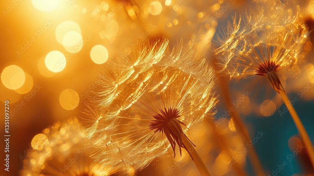 Obraz premium Golden dandelion seeds in warm sunlight