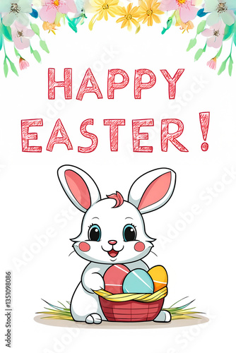 An adorable cartoon anime bunny is joyfully surrounded by a variety of colorful Easter eggs, ideal for holiday themes