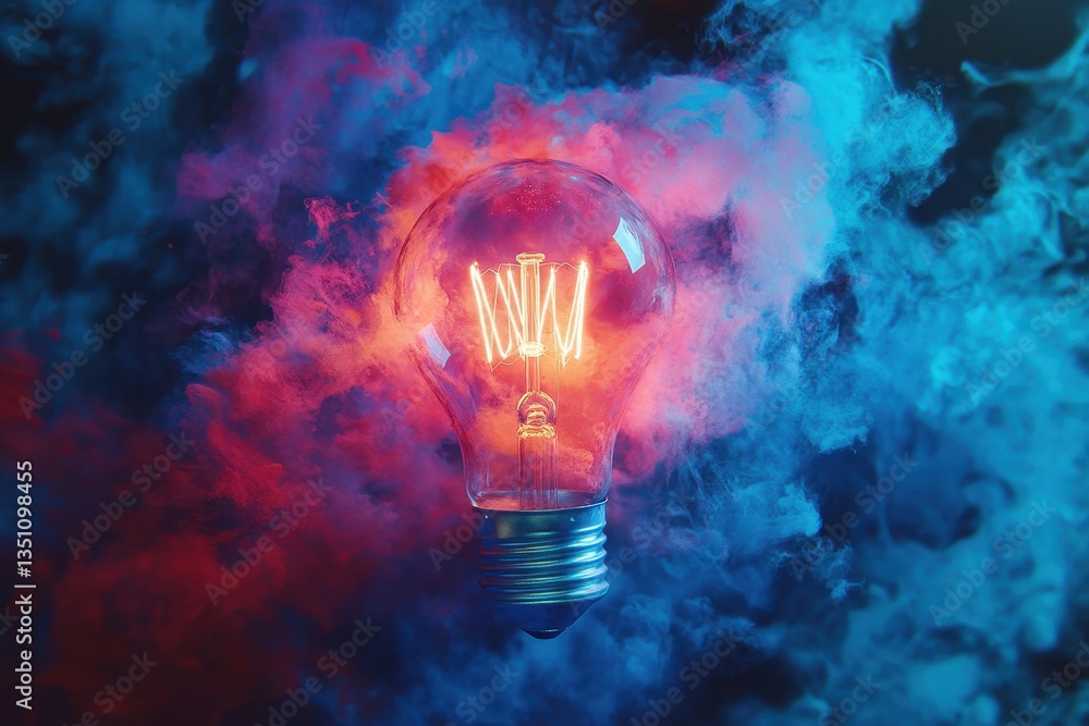Glowing lightbulb surrounded by red and blue smoke on dark background. It illustrates ideas, innovation, creative thinking, and problem-solving. Glowing lightbulb surrounded by red and blue smoke on dark background. It illustrates ideas, innovation, creative thinking, and problem-solving.