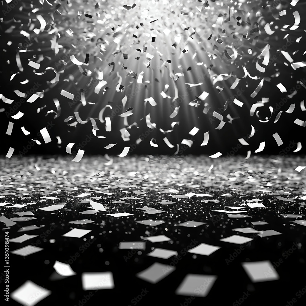 Obraz premium Silver Confetti Falling on Black Background