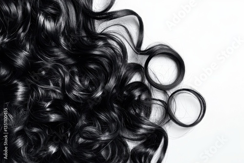Black curly hair extensions on white background, studio shot. Ideal for beauty salon ads or hair product promotions.