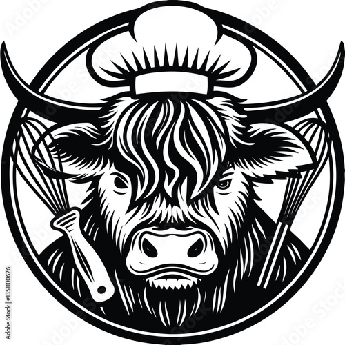 Highland cow cook head design with chef hat farm vector image (17).eps