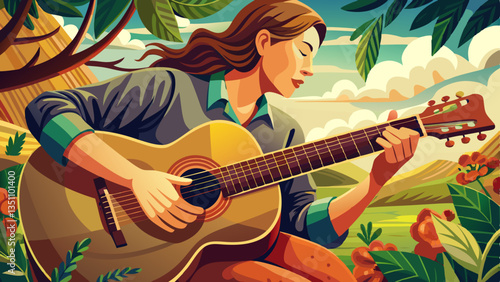 Woman playing acoustic guitar with finger catching chord on bar outdoors