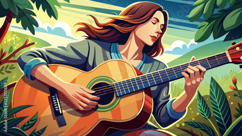 Woman playing acoustic guitar with finger catching chord on bar outdoors