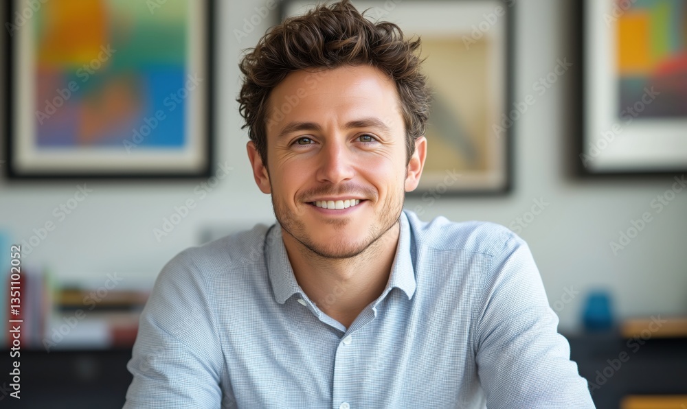 Obraz premium Smiling young man in casual shirt with modern office background and artwork