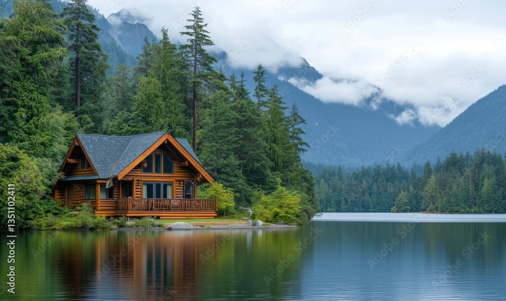 Naklejka premium Scenic log cabin by tranquil lake surrounded by lush mountains and forest