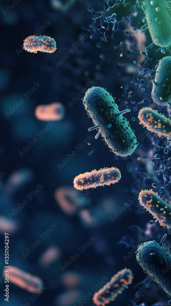Obraz premium Phone wallpaper featuring glowing teal bacteria with fine surface detail, suspended in a dark environment with scattered light and motion.