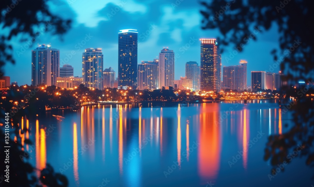 Fototapeta premium Orlando skyline at dusk with reflections on Lake Eola and vibrant city lights