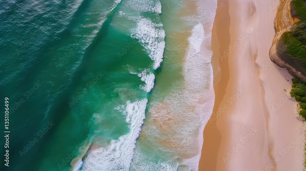Aerial view of waves crashing on sandy beach. Aerial view of waves crashing on sandy beach.