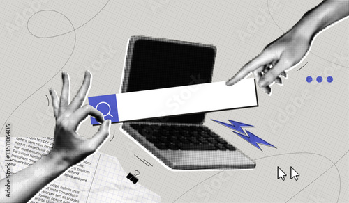 Trendy Halftone Collage Laptop with Search bar and Hands. Online search job. Seo marketing concept. Finding opportunities. Dotted pop art. Cut out paper elements. Contemporary vector illustration art