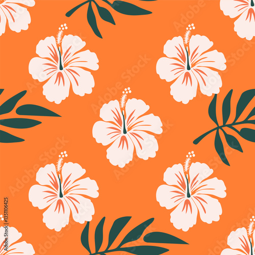 Tropical hibiscus floral pattern with orange background. Seamless pattern with florals for fabric, textiles, clothing, wrapping paper. Vector illustration