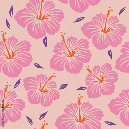 Pink hibiscus floral pattern with pastel background. Seamless pattern with florals for fabric, textiles, clothing, wrapping paper. Vector illustration