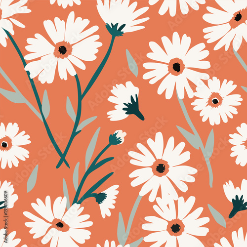 Daisy floral pattern. Seamless pattern with florals for fabric, textiles, clothing, wrapping paper. Vector illustration.