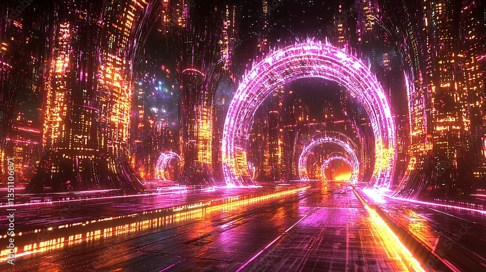 Futuristic Digital Cityscape with Neon Light Arches and Pathways Futuristic Digital Cityscape with Neon Light Arches and Pathways