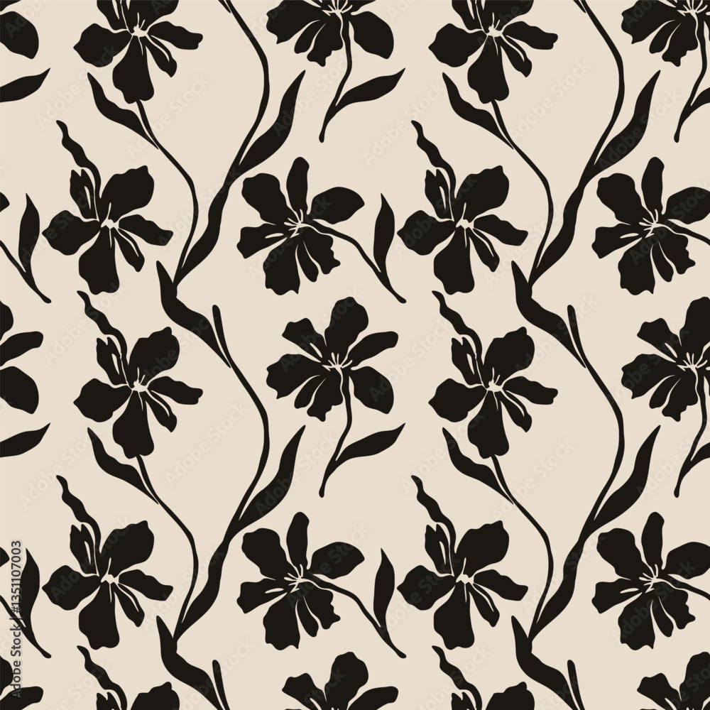 Black floral pattern with beige background. Seamless pattern with florals for fabric, textiles, clothing, wrapping paper. Vector illustration Black floral pattern with beige background. Seamless pattern with florals for fabric, textiles, clothing, wrapping paper. Vector illustration