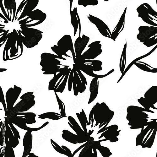 Black trendy floral pattern.Seamless pattern with florals for fabric, textiles, clothing, wrapping paper. Vector illustration.