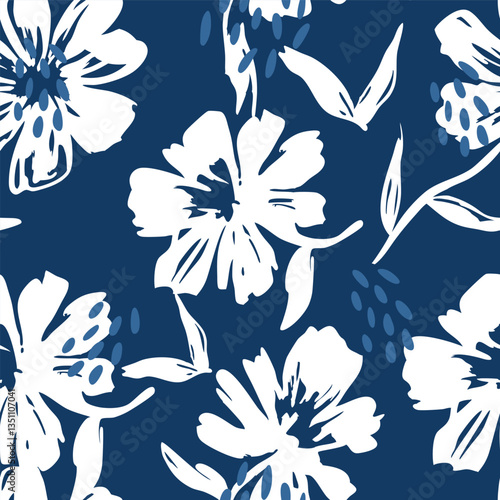 White floral pattern with blue background. Seamless pattern with florals for fabric, textiles, clothing, wrapping paper. Vector illustration
