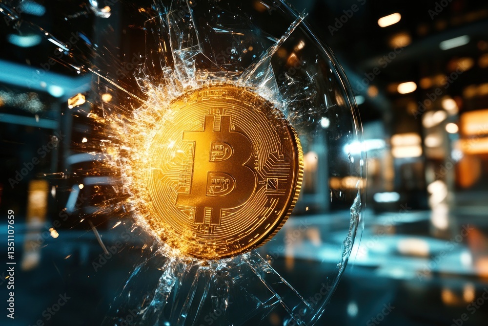 A dynamic image of a golden Bitcoin coin breaking through a glass ceiling, signifying a massive price surge in the market. A dynamic image of a golden Bitcoin coin breaking through a glass ceiling, signifying a massive price surge in the market.