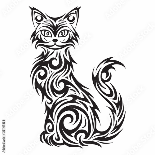 Wallpaper Mural Tribal Cat Silhouette: A stylized, tribal-inspired illustration of a sitting cat, rendered in a striking black and white, its body adorned with intricate swirling patterns Torontodigital.ca