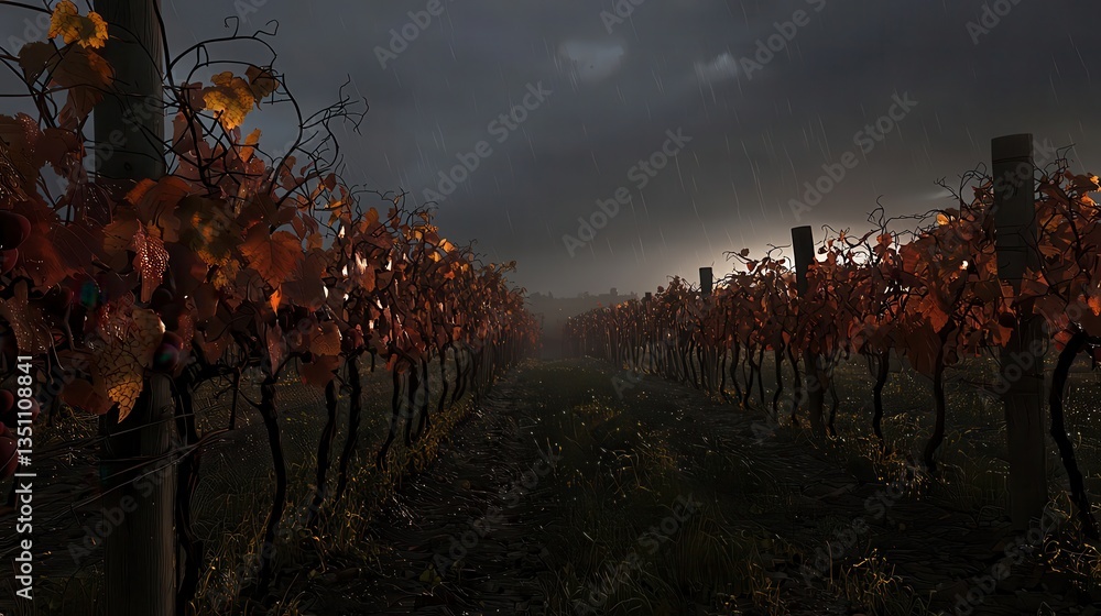 Obraz premium Autumn Vineyard in the Rain Sunlit Vines and Dark Clouds