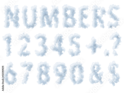 PNG, cloudy numbers, mathematical symbols, and lettering against a clear background, ideal for concepts related to weather, climate, and numerology