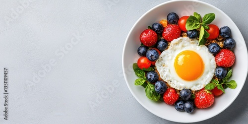 Enjoy a fresh and healthy breakfast bowl! This salad includes vibrant tomatoes, blueberries, and a perfectly cooked egg with a golden yolk.