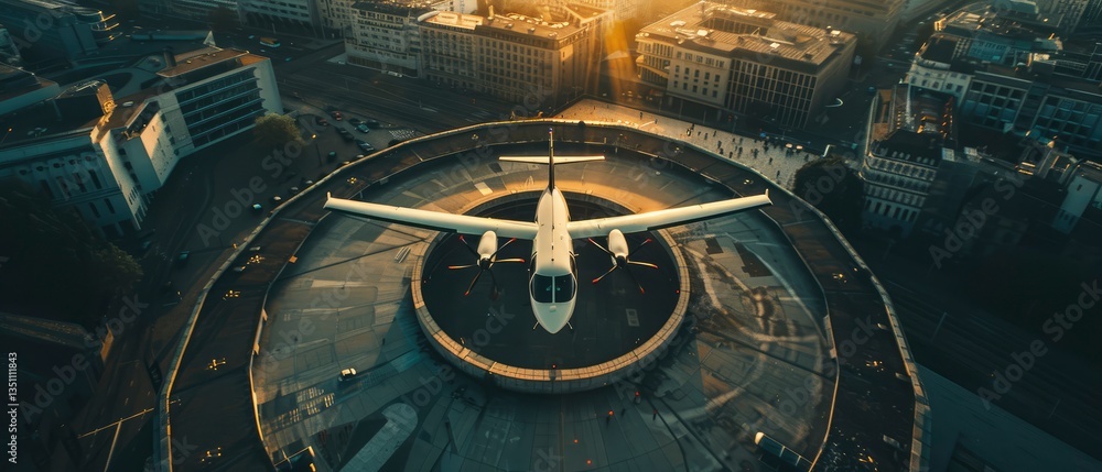 Obraz premium Aerial view of a small aircraft on a helipad during sunset, with a bustling cityscape in the background