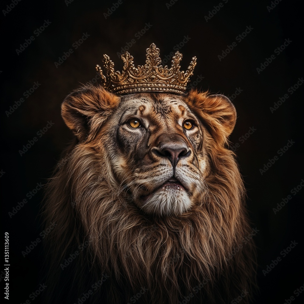 Fototapeta premium Majestic Lion King Wearing a Golden Royal Crown on a Dark Background