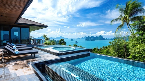 A luxurious rooftop infinity pool with an attached hot tub